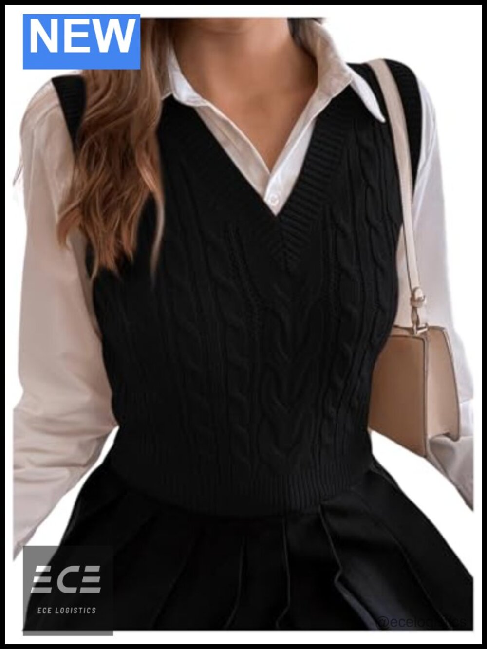 Cable Knit V Neck Sleeveless Crop Sweater Vest Ribbed Knit Pullover